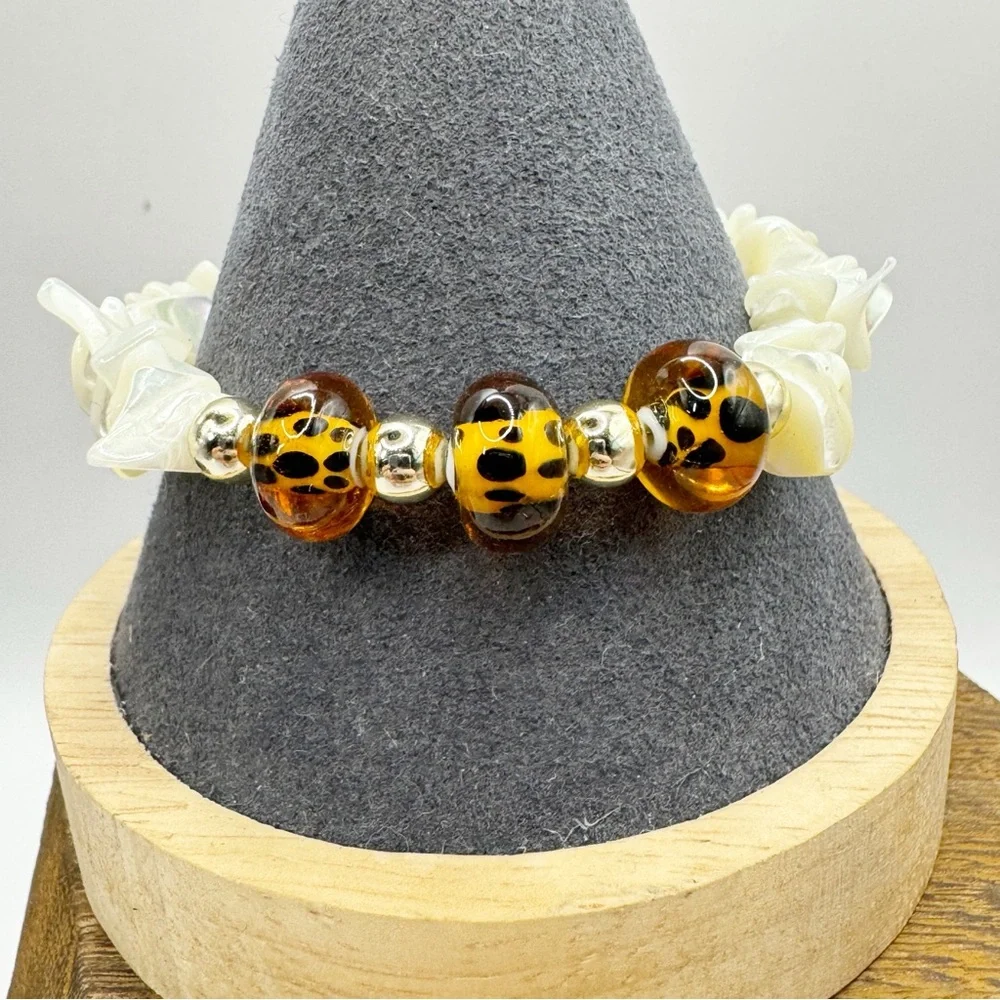 Mother of Pearl and glass leopard print bead toggle closure bracelet
